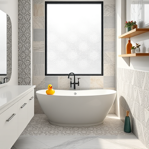 A highly detailed, hyper-realistic image of a modern bathroom featuring an array of creatively designed tiles. The walls, floors, and a stylish freestanding bathtub are adorned with diverse tile patterns, including geometric mosaics, intricate floral motifs, matte subway tiles, and shimmering mosaic accents, each highlighted by subtle reflections to showcase their textures. Soft natural light filters through a large frosted glass window, casting gentle shadows that enhance the textures and warm color tones of the space. Quirky decorative touches include a vintage rubber duck resting on the edge of the bathtub and tiny, colorful potted plants placed on shelf corners, adding personality and charm. The background reveals a minimalist bathroom setup with sleek white countertops, a matte black faucet, and rustic wood accents, creating a harmonious contrast with the varied tile designs. The color palette features warm neutrals, soft greys, earthy tones, and vibrant splashes from the decorative accessories, evoking a welcoming and inspiring atmosphere. Overall, the image highlights the blend of practical elegance and quirky personality, ideal for a blog about bathroom tile selection and interior design.