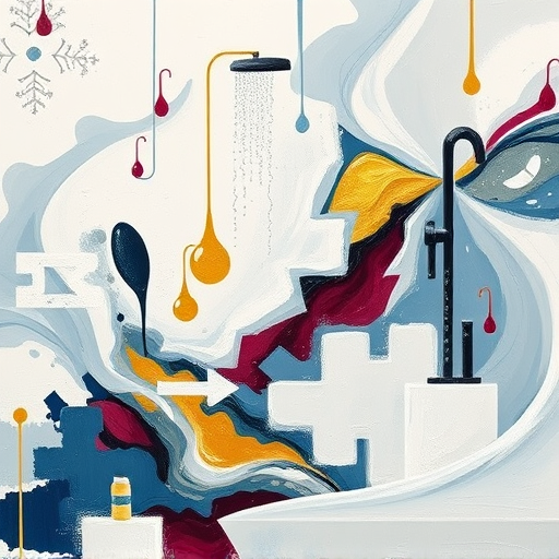 An abstract expressionist artwork depicting winter-proof bathroom renovations, featuring swirling strokes of icy blues, crisp whites, and muted greys intertwined with warm gold and deep burgundy accents. Bold, textured brushwork creates frosty textures blending into smooth, flowing lines symbolizing waterproof materials and insulation layers. Quirky details include abstract shapes resembling steam rising from a shower and stylized snowflakes dissolving into water droplets, representing warmth and resilience. Light to dark gradients illustrate the transition from winter-damaged surfaces to protected, rejuvenated bathroom spaces. Subtle geometric patterns evoke architectural elements like pipes and tiles, amidst a blurred bathroom silhouette background that hints at waterproof membranes and insulation. The overall composition exudes a harmonious blend of calm confidence and creative energy, capturing the transformative power of winter-proof bathroom upgrades through dynamic, vibrant abstract art.