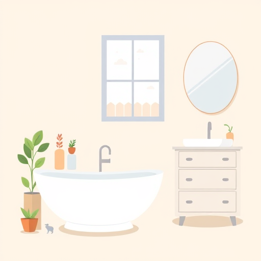 A sleek, minimalist digital illustration of a modern bathroom scene promoting local renovation packages in Benbrook, Texas. The image features stylized, streamlined bathroom fixtures including a contemporary bathtub with smooth curves, a minimalist sink with a single faucet, and a sleek vanity with simple geometric cabinetry. Decorative details include tiny potted plants with exaggerated large leaves, whimsically patterned tiles, and a playful, uneven-edged mirror suggesting handcrafted charm. The background uses soft blues, warm beige, and gentle grays to evoke tranquility and professionalism. Subtle icons, such as a small silhouette of Benbrook's skyline and a Texas star, are tastefully integrated into the scene. A window reveals a hint of outdoor scenery, like a stylized tree or fence typical of Benbrook, adding local context. The environment exudes a light, airy, warm atmosphere, combining minimalism with quirky touches like playful cabinet handles and patterned floor tiles. Overall, the illustration balances clean design with personality-rich elements, emphasizing quality, local expertise, and a cozy, inviting bathroom space suitable for a blog cover.