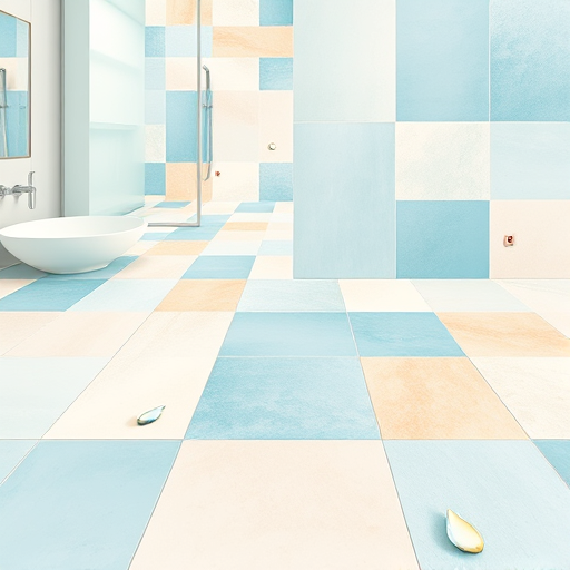 A vibrant, abstract depiction of bathroom tile flooring in a ColorFieldPainting style, featuring large overlapping blocks of soothing blues, aquas, warm sandy beiges, and soft whites that evoke cleanliness and serenity. The tiles are represented as flat rectangular shapes with subtle variations in texture and tone, forming a harmonious mosaic reminiscent of real bathroom tiles without detailed lines. Unexpected pops of cheerful yellow and coral add playful accents. Tiny whimsical icons, such as water droplets, leaves, or geometric shapes, are subtly integrated into some tiles, adding quirky charm. The background hints at an airy, well-lit bathroom environment with blurred glass shower enclosures and sleek fixtures, placing focus on the flooring. The overall mood is calm yet lively, emphasizing cleanliness and modern aesthetic with a creative, abstract approach to bathroom tile design, perfect for inspiring home improvement and bathroom remodeling ideas.
