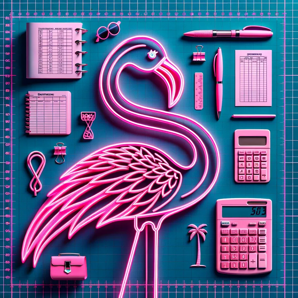 Neon Flamingo with Office Supplies