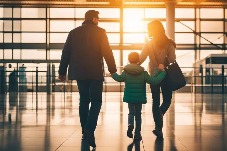 a family of three walking around the airport