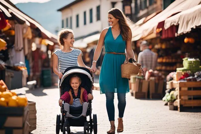 a family with a special needs child in a stroller walking in the market