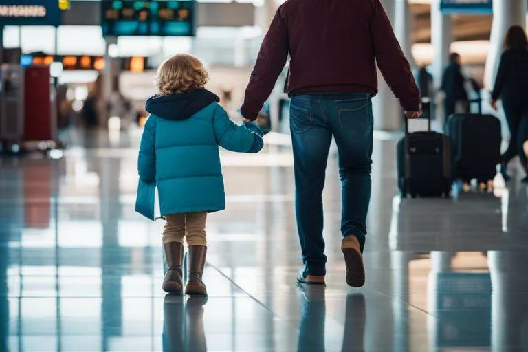 child with autism navigating airport holding his father's hand