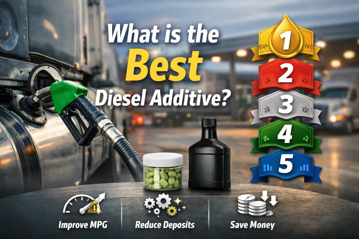 Blog cover showing a semi truck fueling at a truck stop with a “Best Diesel Additive” top 5 ranking and icons for MPG, reduced deposits, and savings.