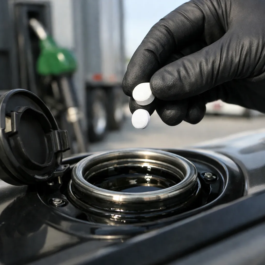 Gloved hand adding a fuel additive tablet to a nearly full diesel fuel tank at a truck stop, showing how to use the best diesel additive for better MPG and cleaner combustion.