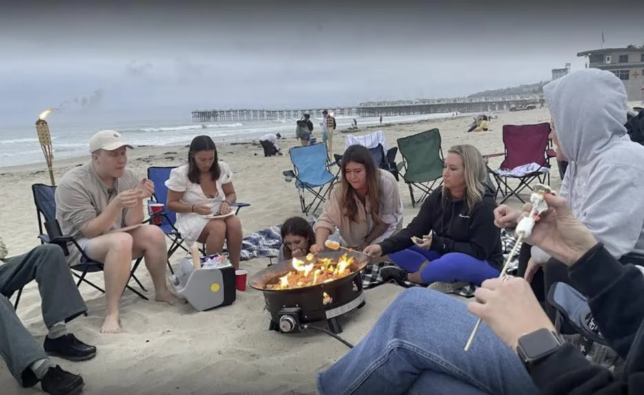 Pacific Beach bonfire rental with chairs, tiki torches, and firepit