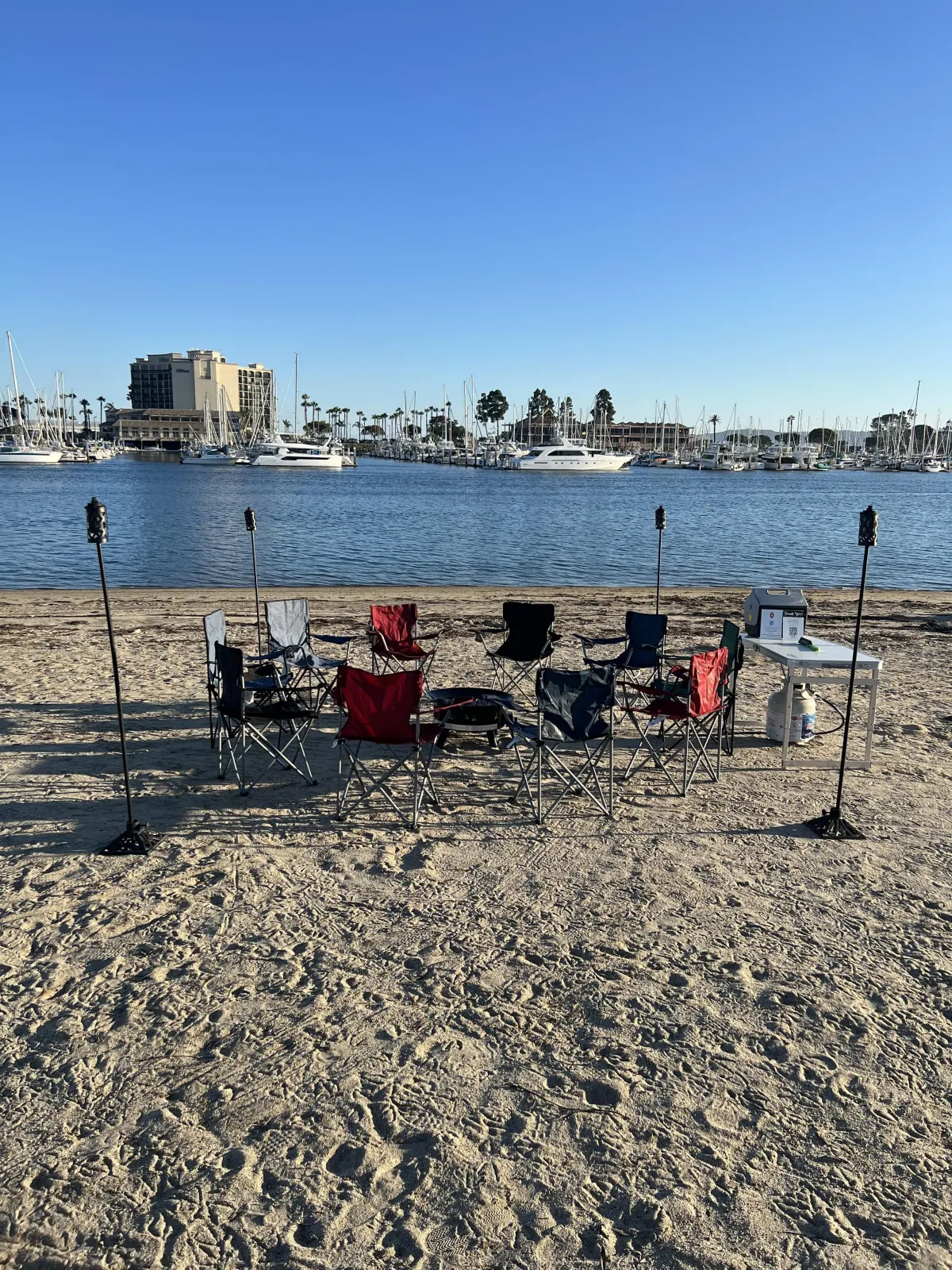A San Diego downtown bonfire setup with harbor views