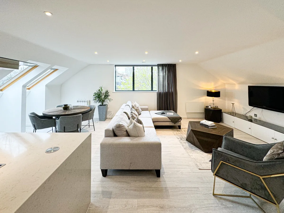 Living room with you of York minster in a three bedroom penthouse apartment