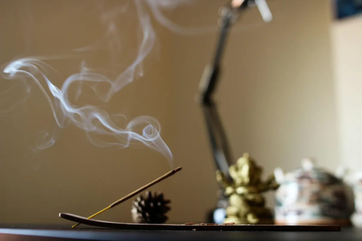 A lit stick of incense is burning in a holder, the smoke circling its way upwards.  There are a small pinecone and a Ganesha statue in the background, slightly out of focus.