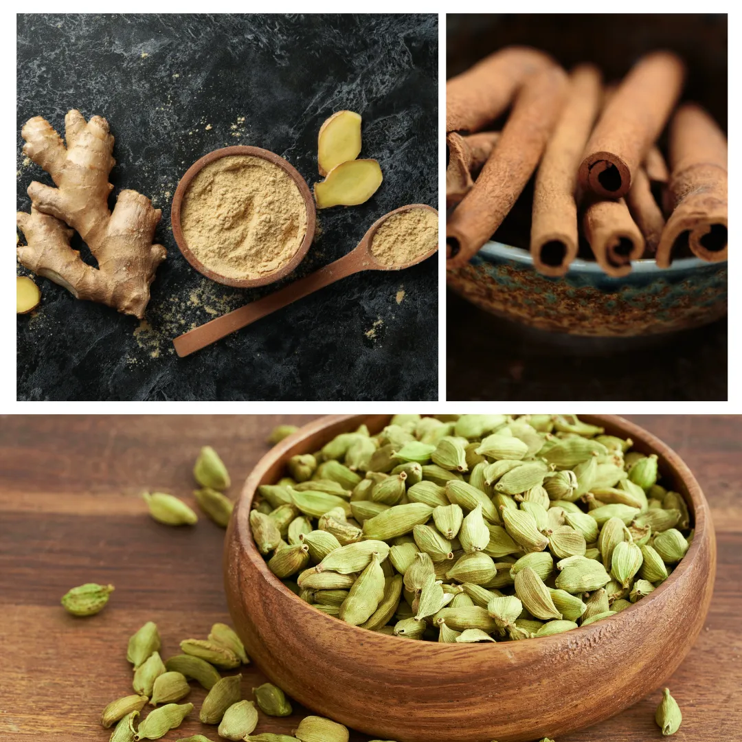 Grid picture of green cardamom pods in a wooden bowl, fresh ginger root on a table, and cinnamon sticks in a bowl