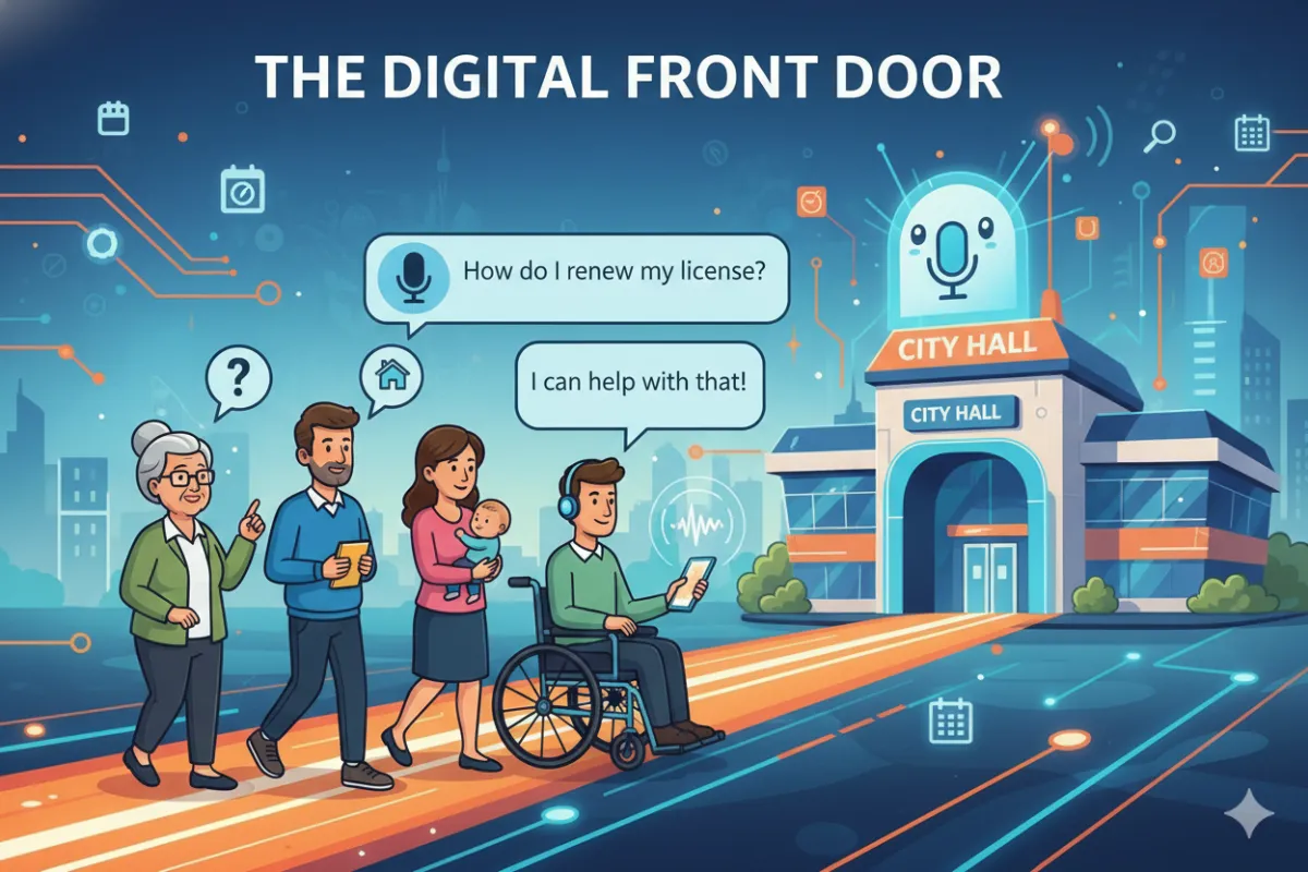 A bright, modern city hall interior representing the integration of accessible voice AI technology for public service.