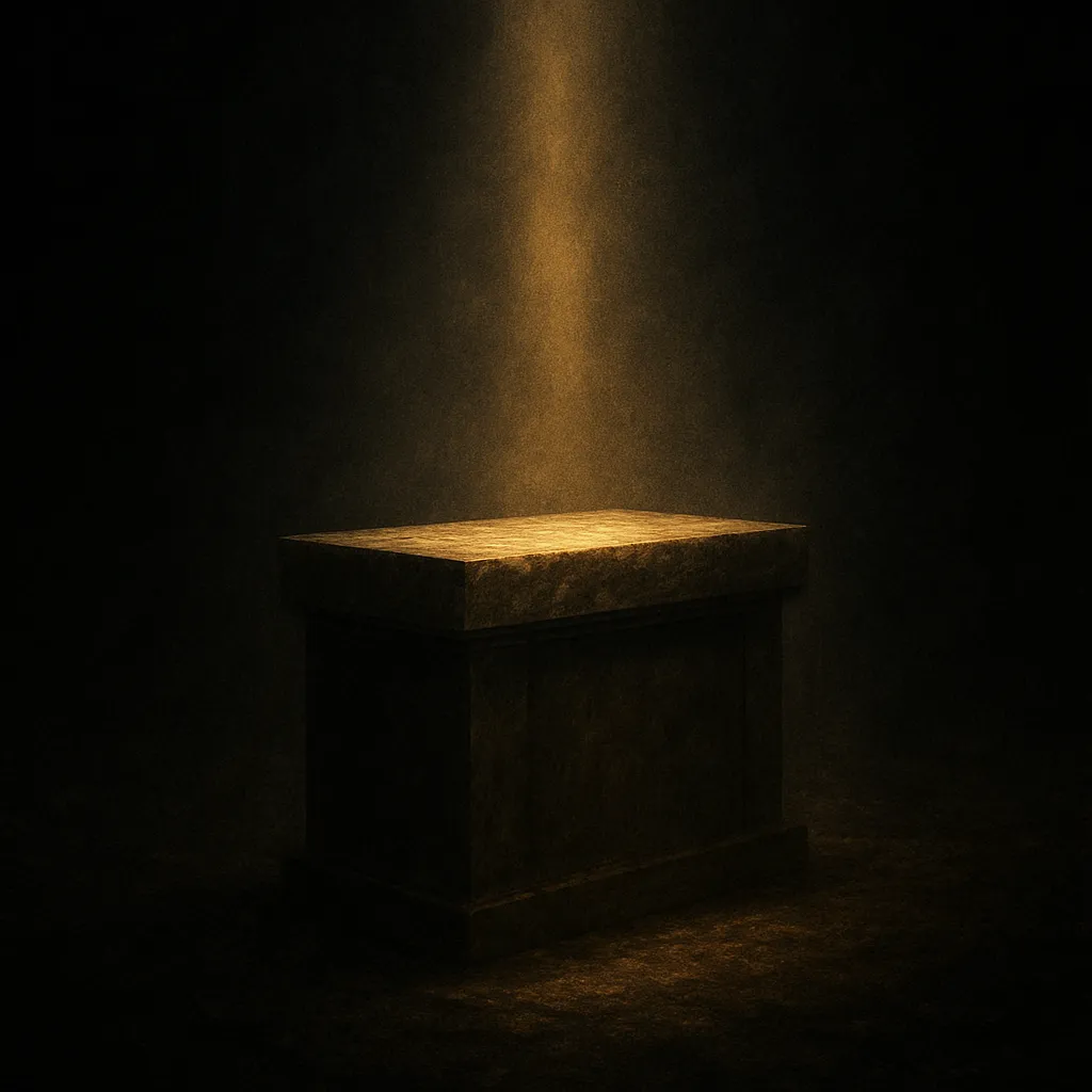 A dark, cinematic scene of a solitary altar glowing faintly in a vast shadowed space, illuminated by soft golden light breaking through darkness, symbolizing sacrifice and transformation.