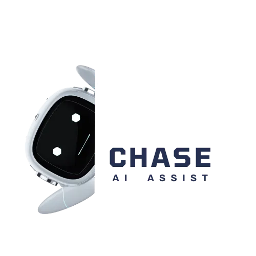 Image of a robot peeking out from the left side next to the text "CHASE AI ASSIST" on a white background, showcasing the innovative Chase AI technology.
