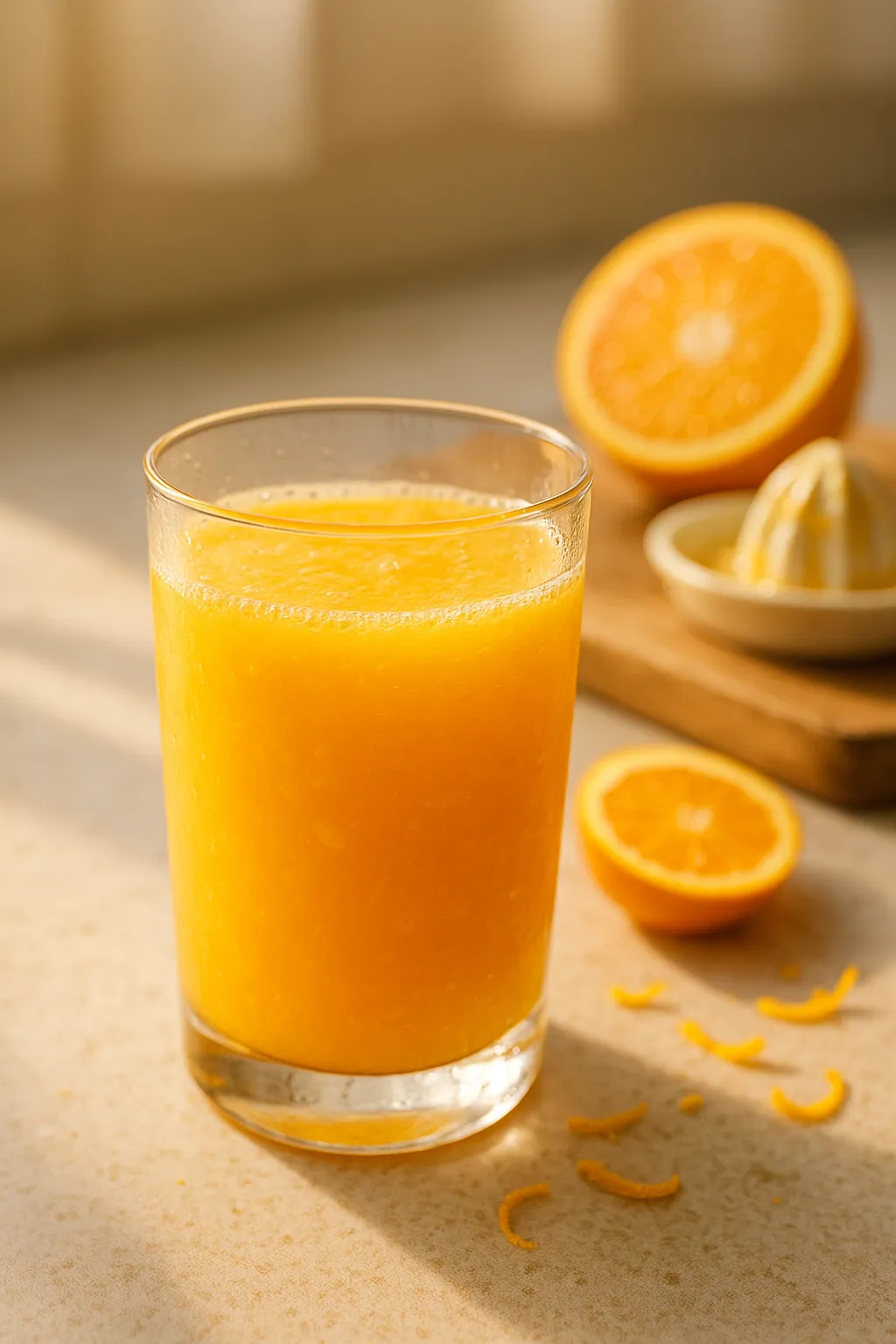 Freshly squeezed orange juice in a sunlit glass with vibrant color and natural pulp, symbolizing purity and health without added sugars