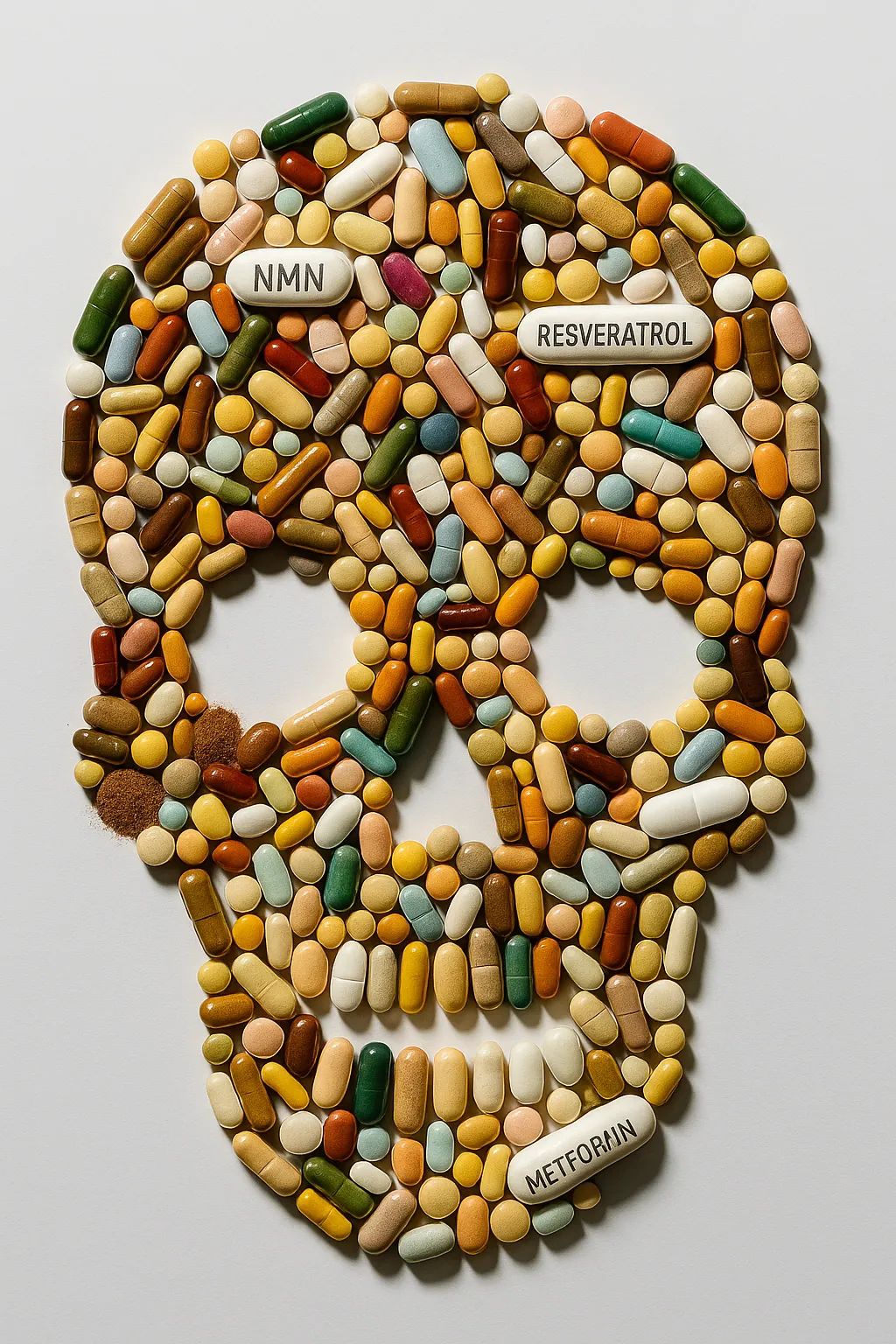 Overhead flat lay photograph of hundreds of colorful supplement pills, capsules, and powders arranged to form a skull shape on a stark white background. Include labels visible for NMN, resveratrol, metformin. Professional product photography style, sharp focus, dramatic shadows, slightly ominous mood.