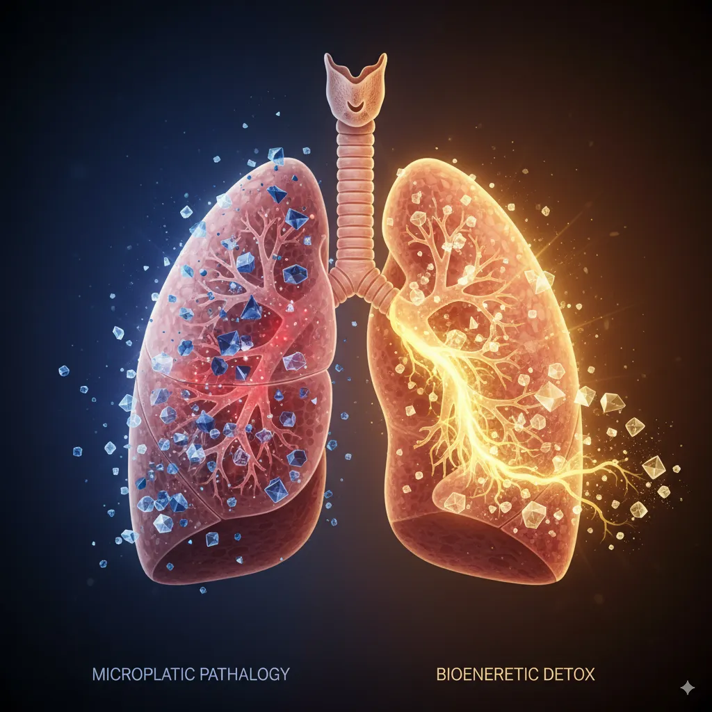 Medical illustration of human lungs showing microplastic particles embedded in lung tissue causing cellular damage on left side, while right side demonstrates bioenergetic detoxification with golden ATP energy removing plastic particles through natural elimination pathways