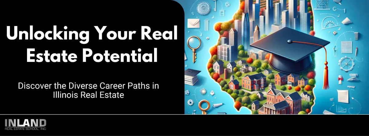 Illustrative cover showcasing Illinois' real estate diversity with icons representing different career paths, including residential, commercial properties, and real estate tools.