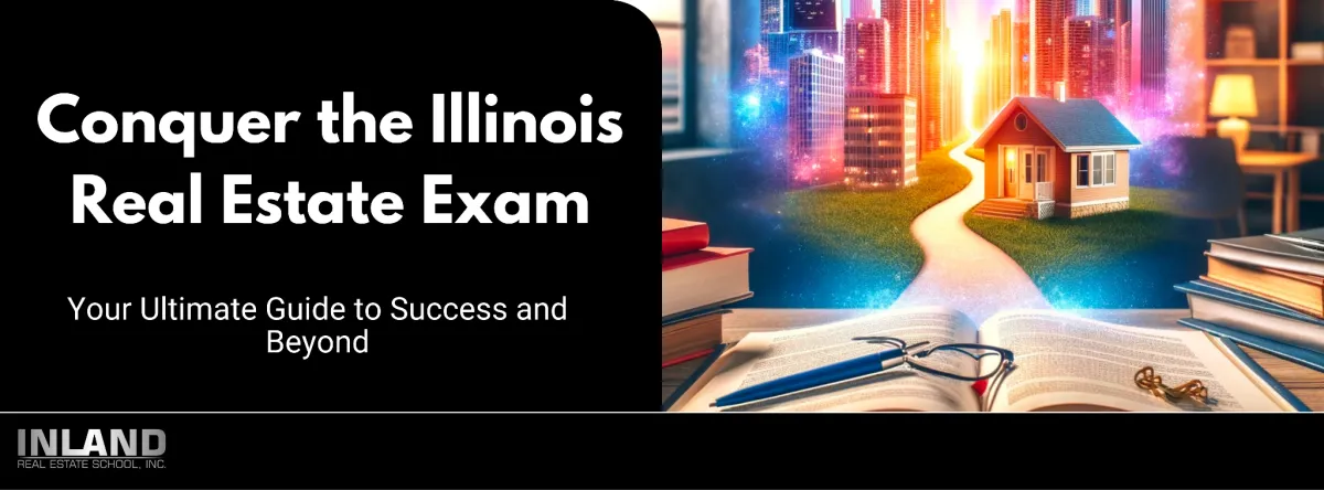 Visual representation of the journey from studying for the Illinois Real Estate Exam to achieving success in the vibrant real estate market of Illinois.