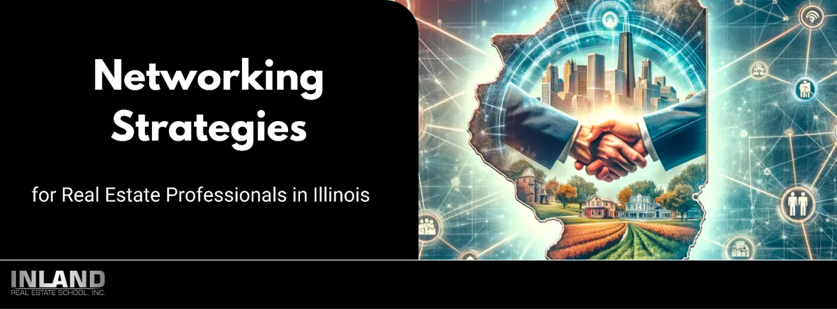 Illustration of a network web overlaying a map of Illinois, symbolizing interconnected real estate professionals and landmarks across urban and rural landscapes.