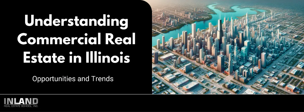 Aerial view of Illinois' diverse commercial real estate landscape, illustrating retail, office, and industrial properties.