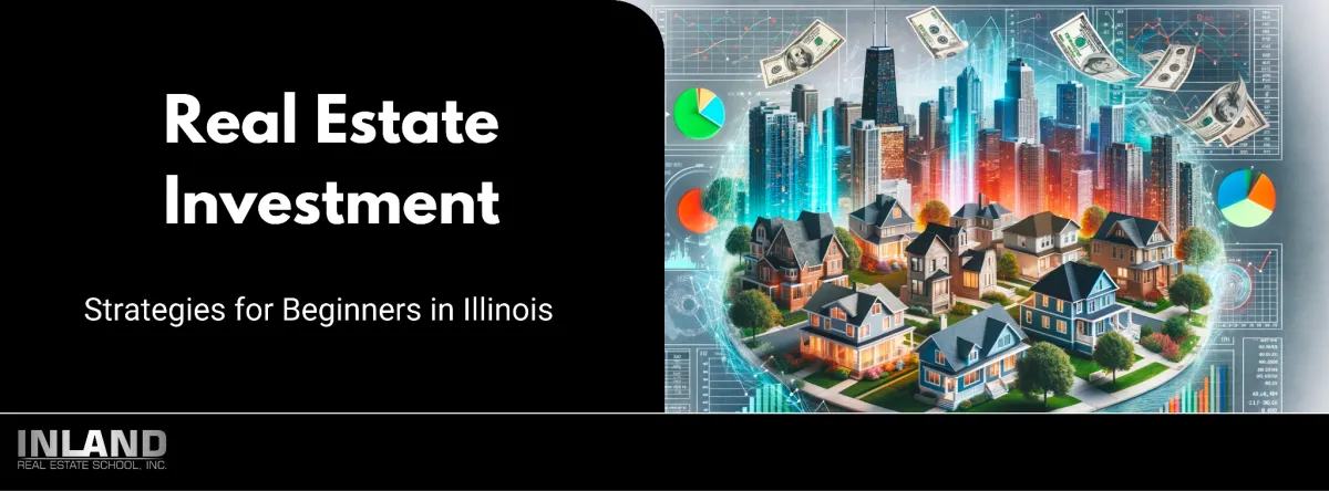 Montage of Illinois properties with investment tools, symbolizing real estate investment opportunities for beginners.