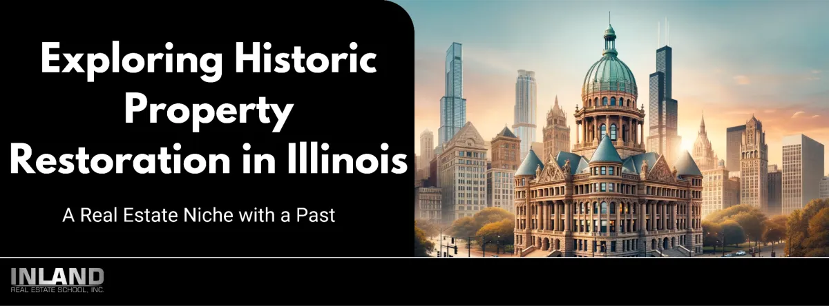 Majestic historic Illinois building against a backdrop of modern cityscapes, embodying the blend of past and future in real estate restoration.