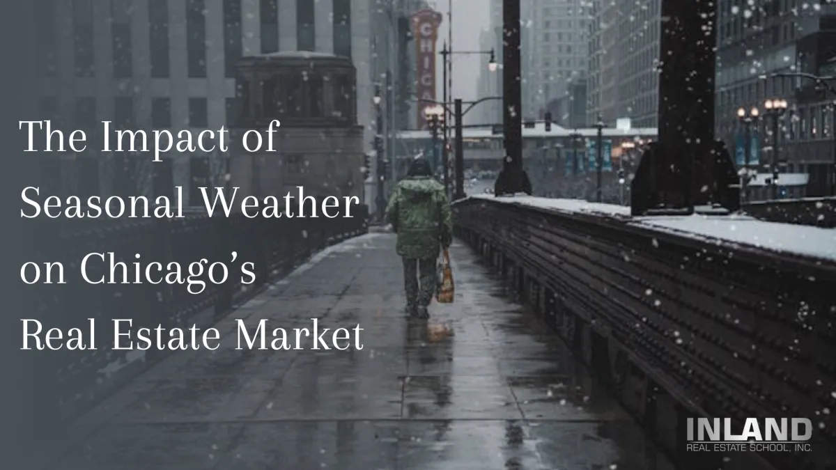 Image of a snowy Chicago skyline with real estate buildings. The blog explores the influence of seasonal weather on the city's real estate market trends. Learn more about how weather fluctuations affect housing prices and market activity in Chicago.