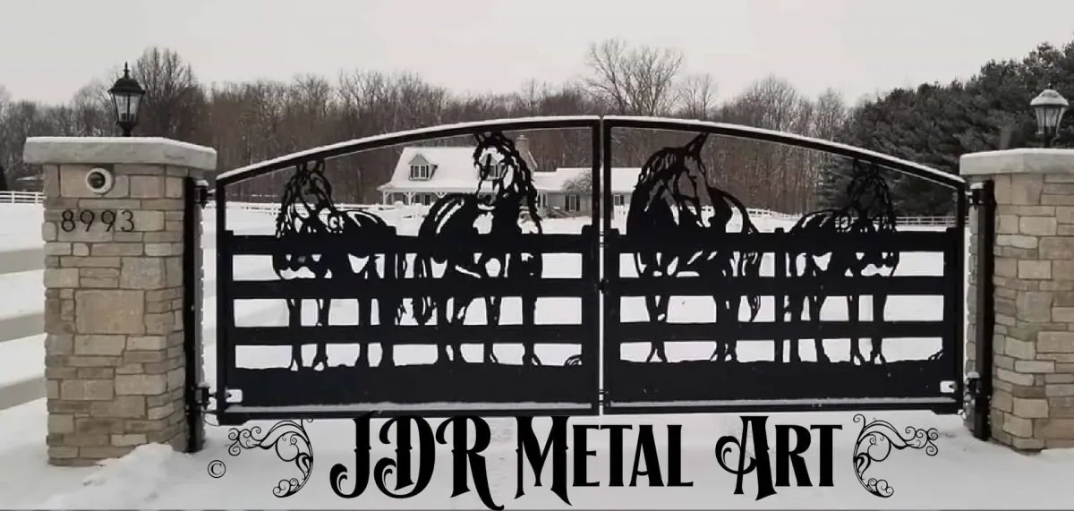 Equine driveway gate with horses