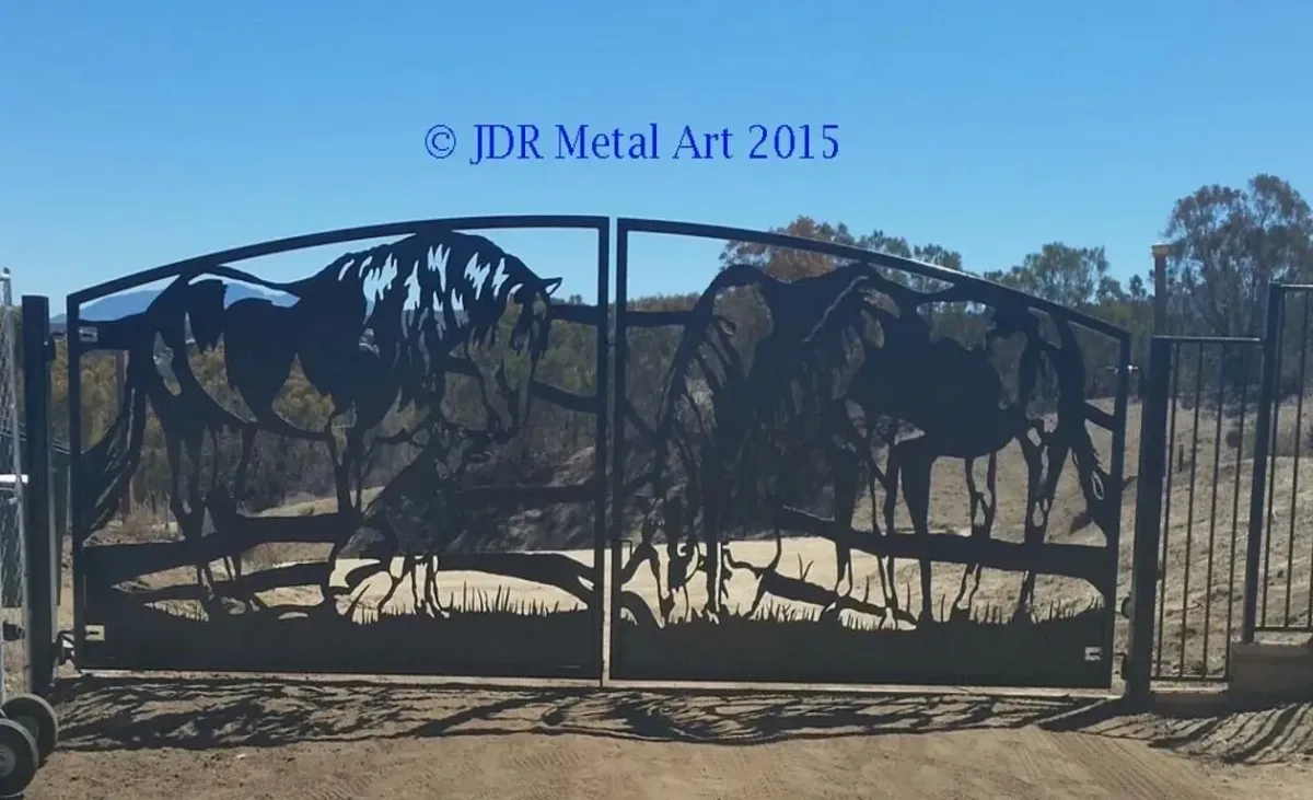 Equine Driveway Security gate with horses and a dog