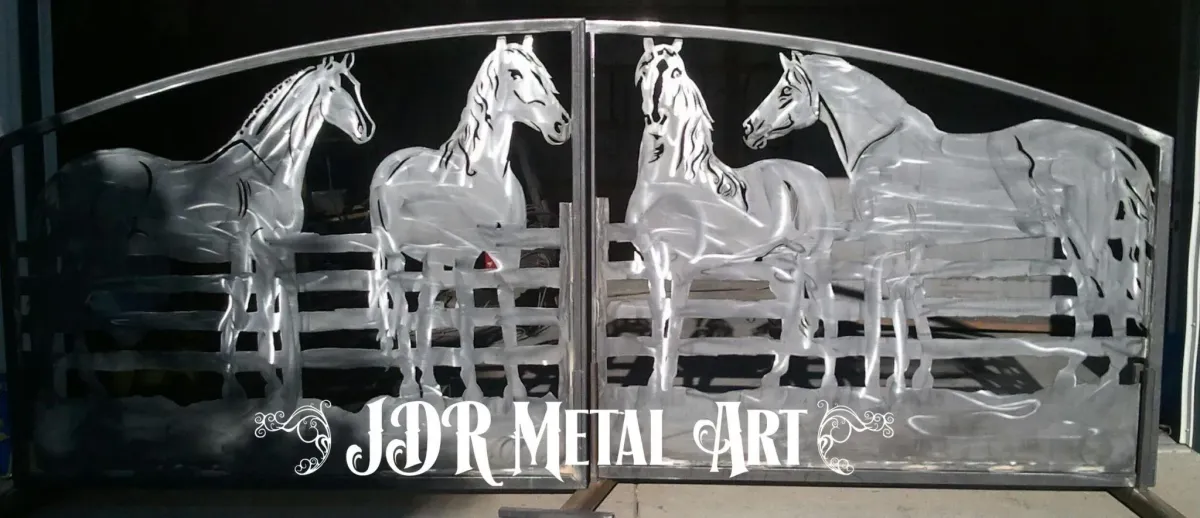 Aluminum equine style driveway gate with horses