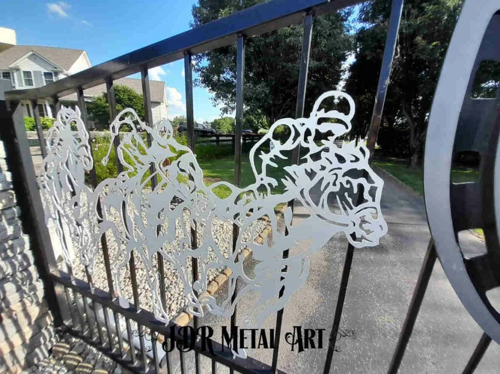 Kentucky derby driveway gates with thoroughbred racehorse