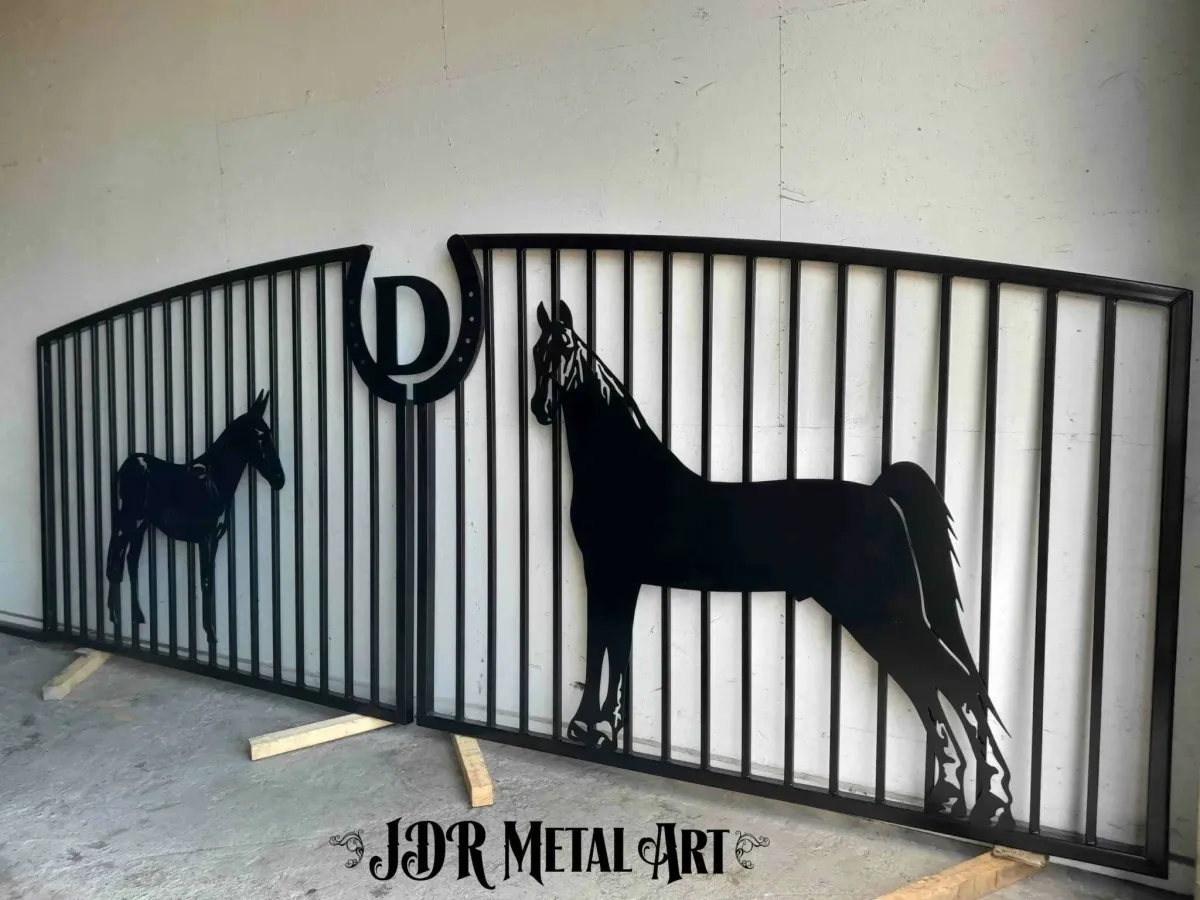 Equine metal driveway gates for horse farm
