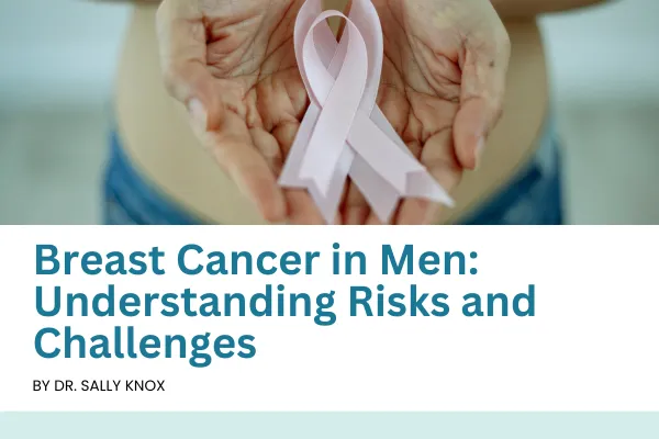 A text on screen that says Breast Cancer in Men: Understanding Risks and Challenges with an image of a hand holding a pink ribbon.
