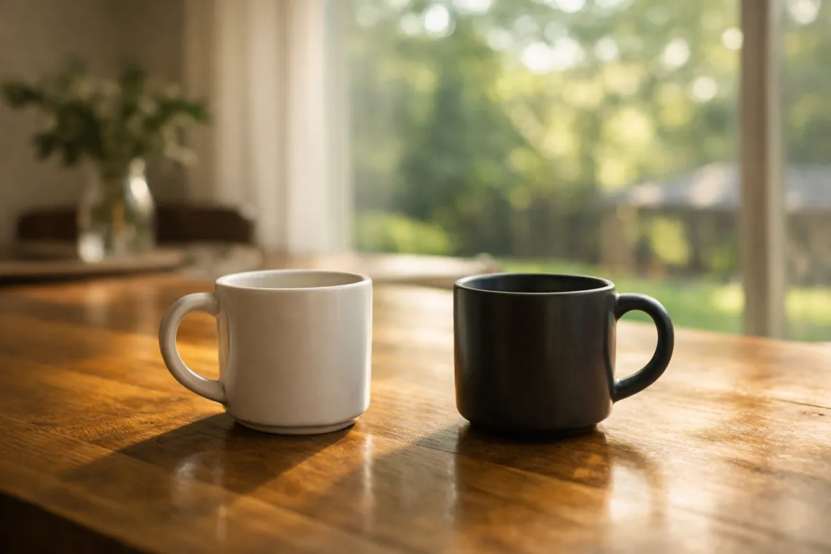 Two coffee mugs resting on a sunlit wooden kitchen table, with soft natural light and a blurred green backyard visible through a window in the background, creating a calm, conversational atmosphere.