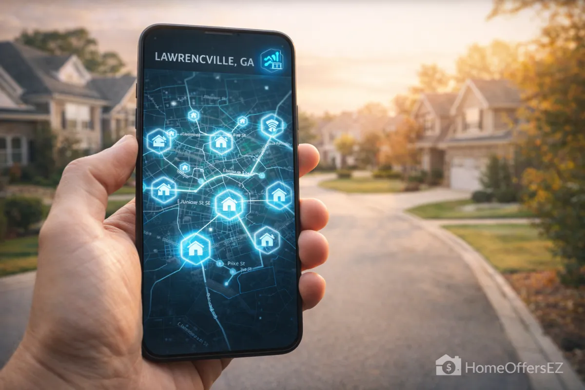 Hand holding a smartphone showing an AI-powered map of available homes in Lawrenceville, Georgia, with glowing data points and a warm residential neighborhood visible in the background