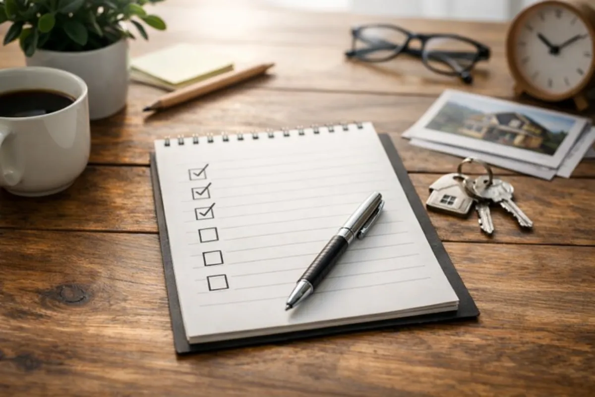 Handwritten checklist on a rustic wooden desk with a pen, coffee mug, plant, and house keys in soft natural light, symbolizing calm planning and stress relief