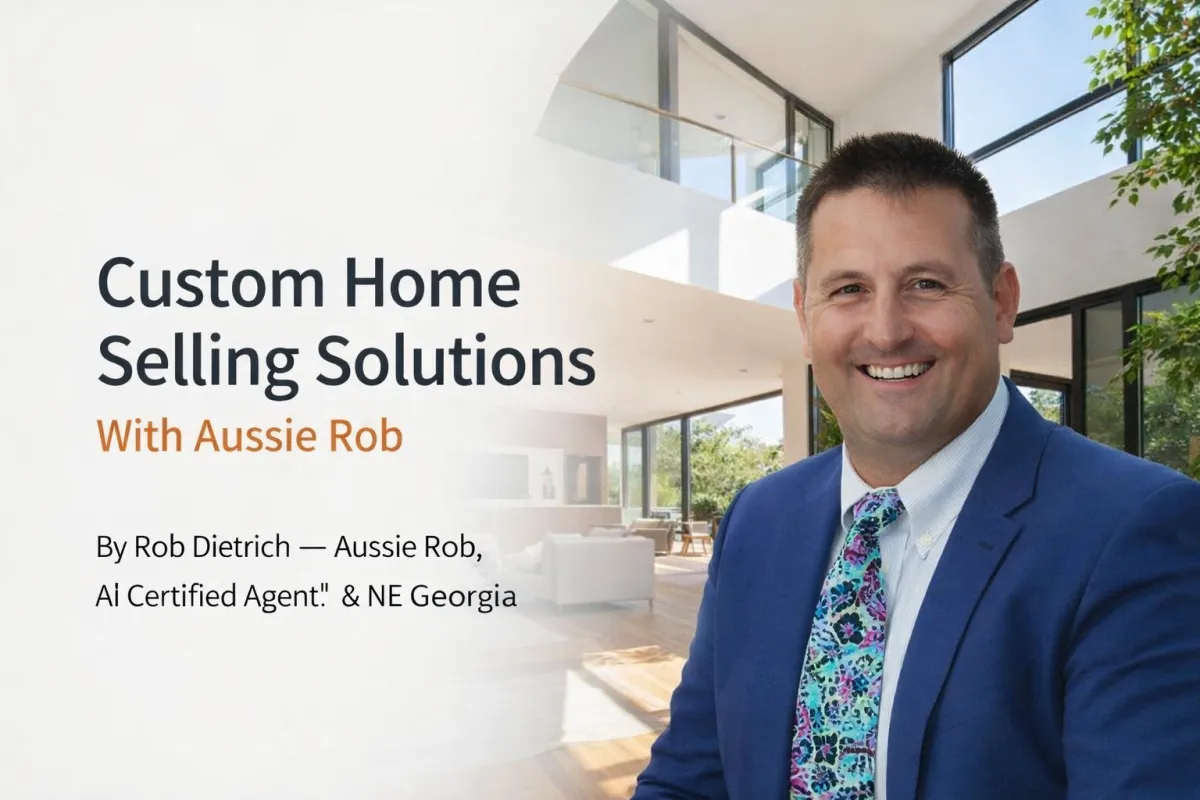 Aussie Rob, a Northeast Georgia real estate agent in a blue suit, smiling inside a modern luxury home interior, alongside text promoting custom home selling solutions