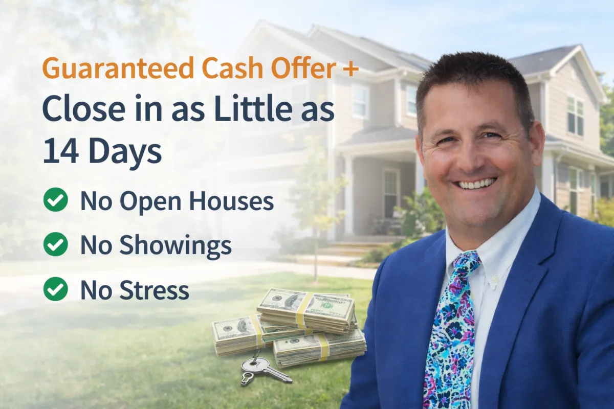Rob Dietrich, a Northeast Georgia real estate agent, smiling in front of a modern home with text highlighting a guaranteed cash offer, 14-day closing, no open houses, no showings, and a stress-free home selling option