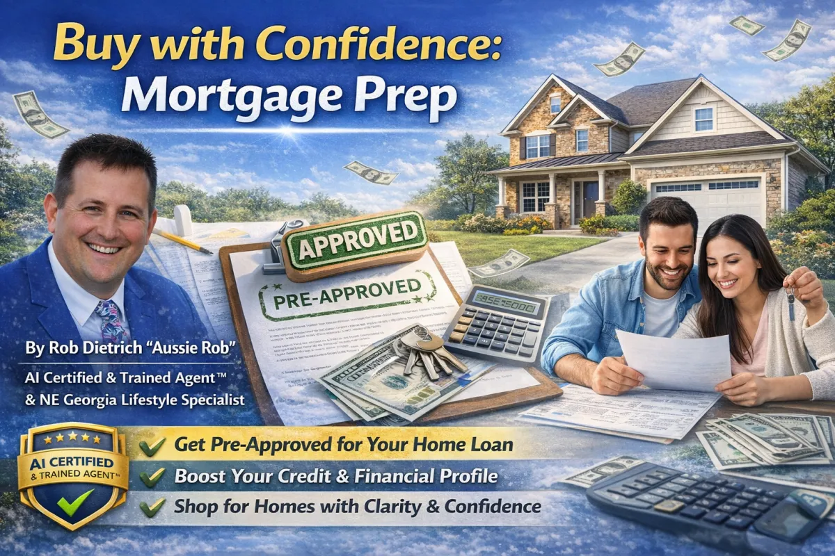 Buy with Confidence mortgage prep graphic featuring Rob Dietrich “Aussie Rob,” a pre-approved home loan document, and a couple reviewing finances in front of a Georgia home.
