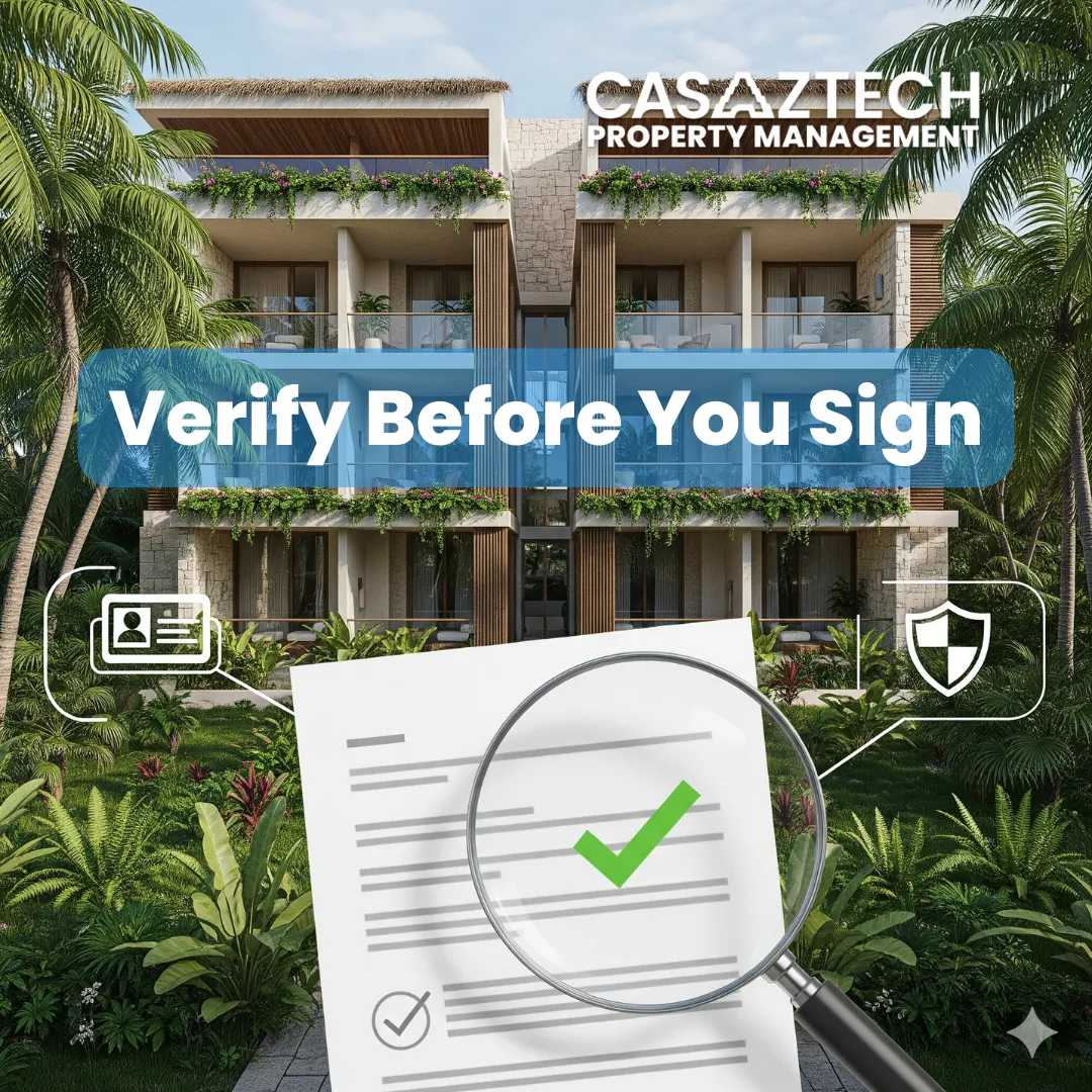 Modern condo in Tulum with magnifying glass over property document and green check mark, symbolizing Casaztech background checks for expats renting, buying, or hiring in Mexico.