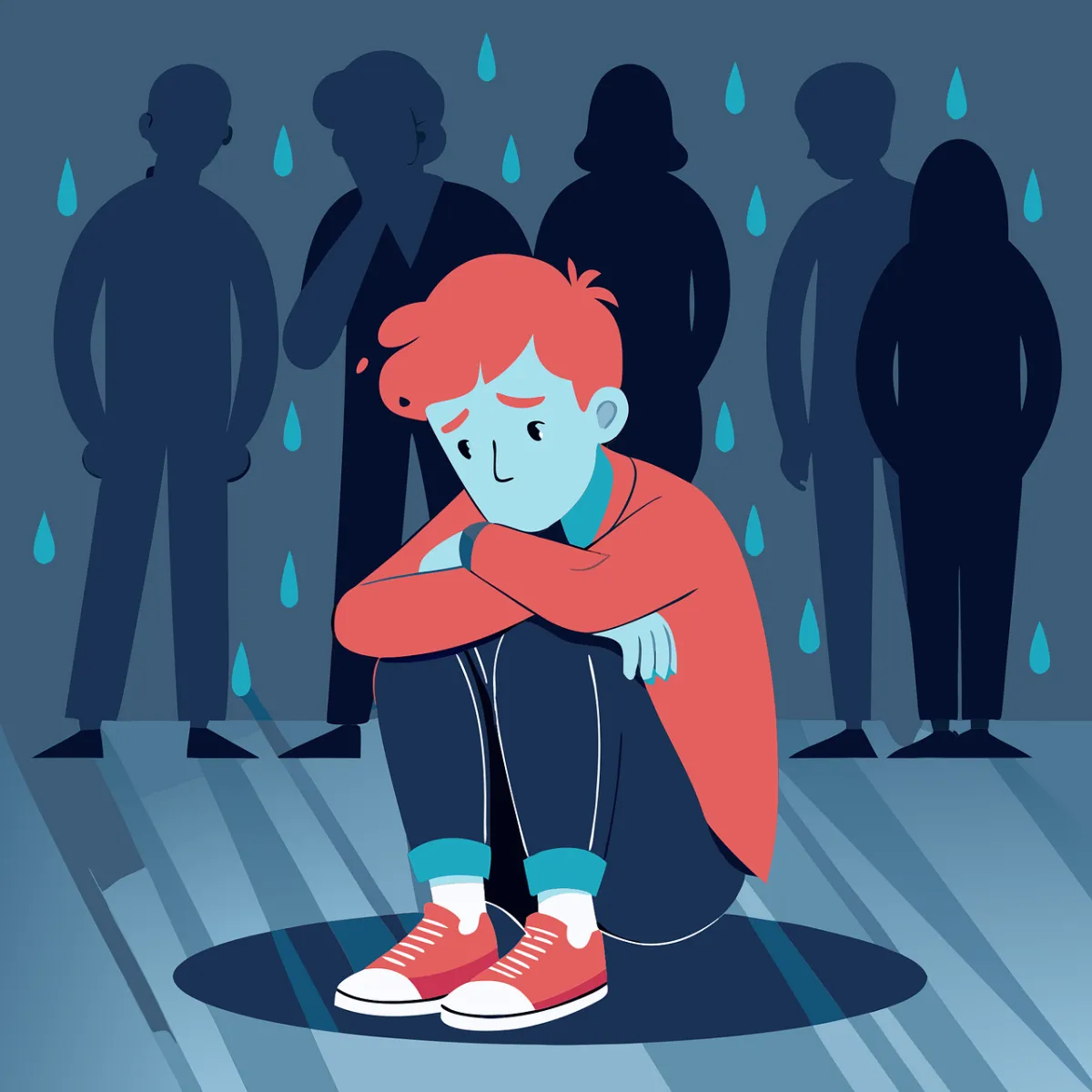 Child looking sad and scared; crouching with others behind him.