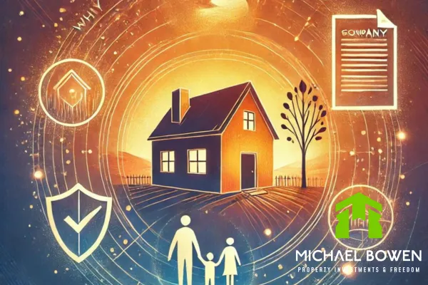 Why I Choose to Buy Properties Through a Company: Securing My Family's Future.' The image features a house symbolizing family security, surrounded by protective elements, with a logo of Michael Bowen placed in the bottom right corner, representing trust and professionalism in property investment
