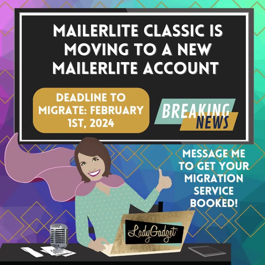 Girl sitting behind a desk with announcement: Mailerlite Changes From Classic To New Account