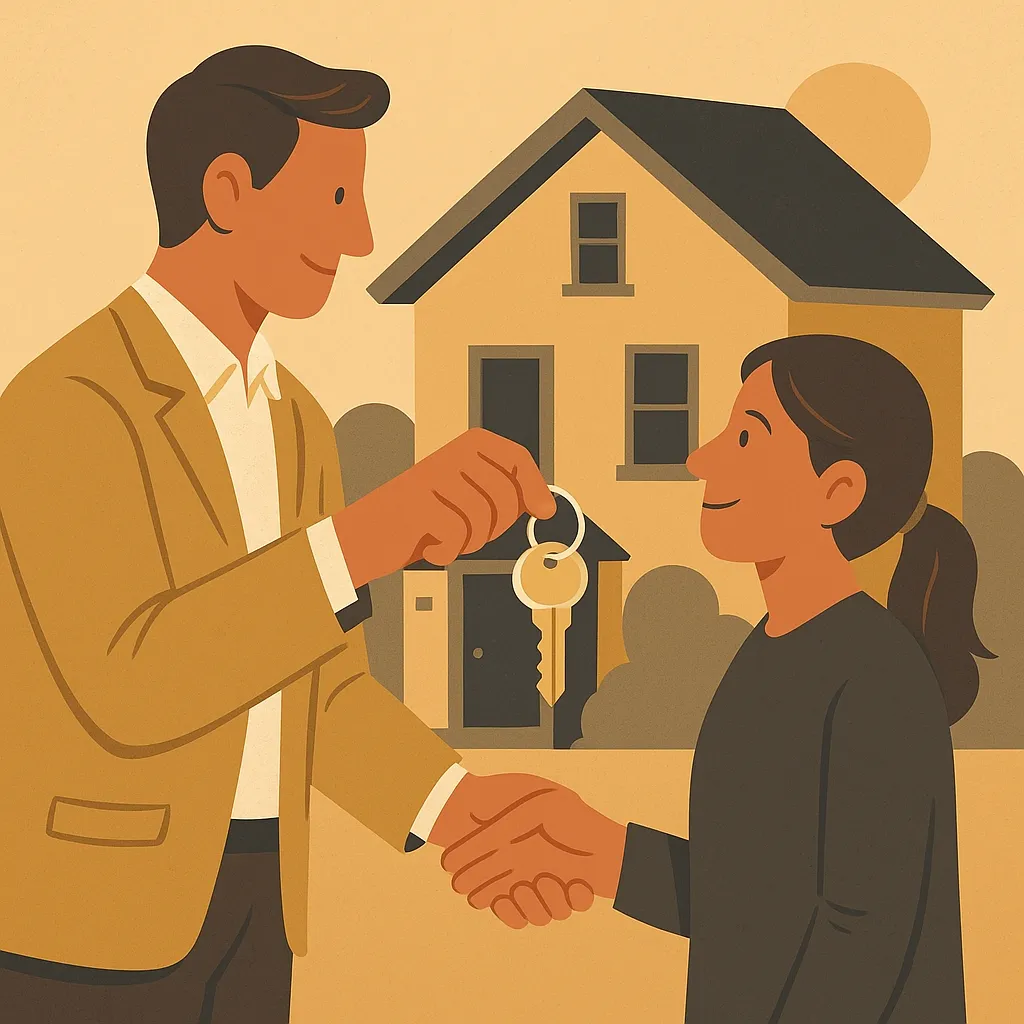 Man handing keys to woman while shaking hands in front of a house