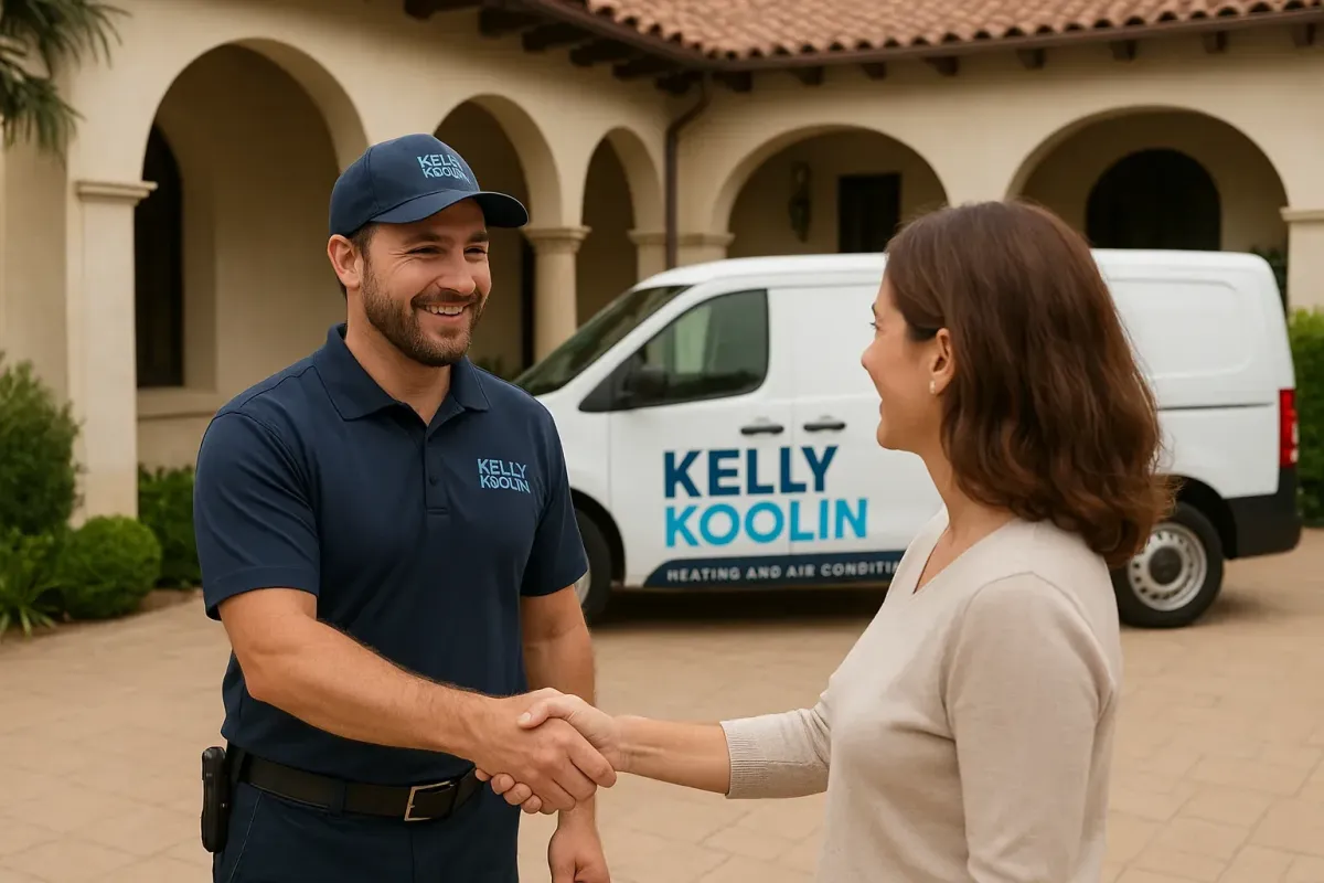Successful Job Completed By Kelly Koolin Owner Shaking Hands With Happy Home Owner