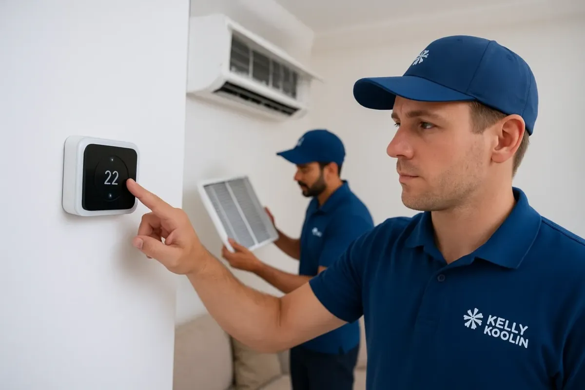 hvac technicians working to reduce clients energy bills smart thermostat and cleaning filter