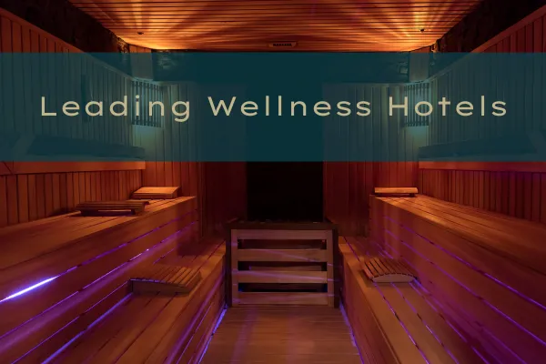 Inside of a sauna with benches running along both sides