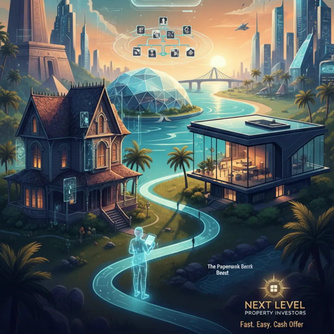 Digital illustration showing an inherited and modern home connected by a guided path, symbolizing homeowner options after inheriting property on the Treasure Coast.