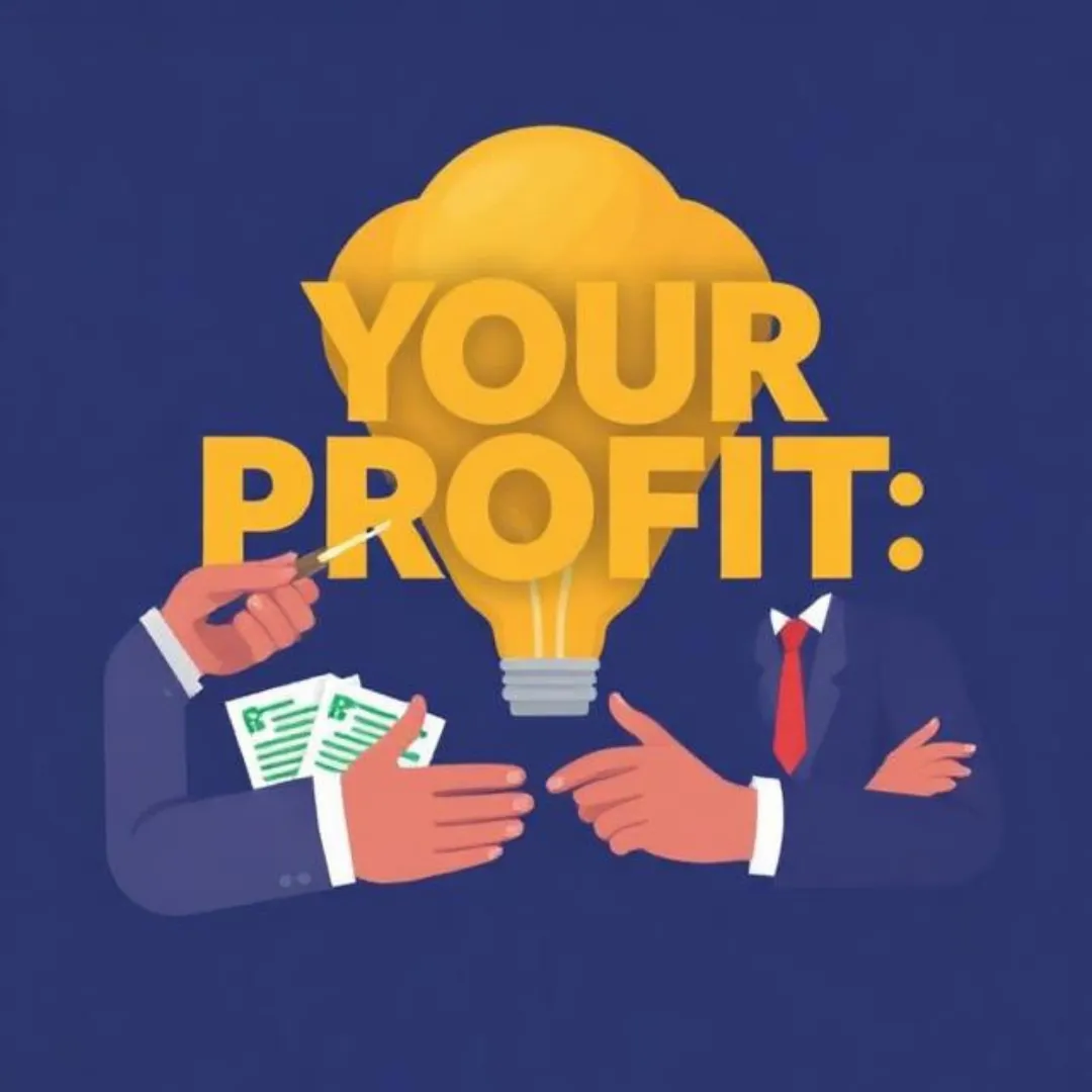 Illustration showing two businesspeople in suits exchanging money beneath a glowing light bulb with the words “YOUR PROFIT,” symbolizing financial gain, negotiation, or maximizing profits in business